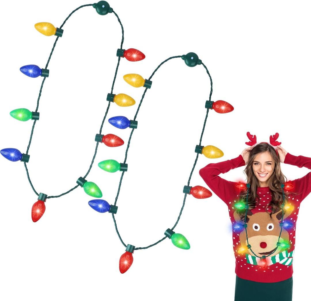 Christmas Necklace Toys for Kids, Light up Falshing LED Light Necklace with Bulbs for Adults, Ugly Xmas Birthday Wedding Rave Carnival New Year Decor, Party Favor Supply Accessories Gift 2 Pack