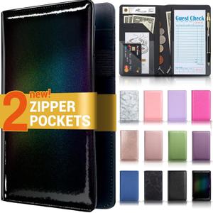 Server Book with 2 Zipper Pockets, Leather Server Books for Waitress, Waiter Book, Sturdy Waitress Book with Money Pocket and Zipper, Servers Book Waitress Accessories Fit Server Apron, Glitter Black