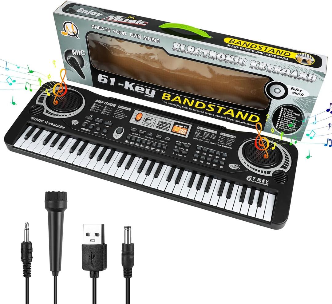 61 Key Piano Keyboard, Beginner Electronic Keyboard for Kids with Teaching Mode, 6 Demo Songs, 16 Tones, Microphone and Power Supply, Kids Piano Keyboard for Birthday Gift
