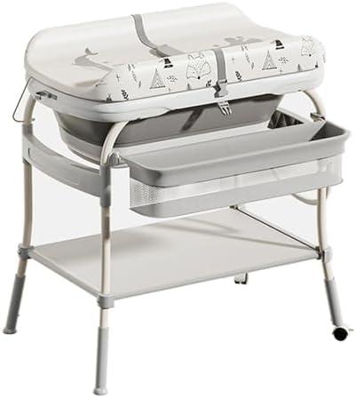 PandaEar 2-in-1 Baby Bathtub & Changing Table, Adjustable Height Folding Diaper Station Waterproof Pad with Storage Rack & Wheels, Baby Bath Tub with Thermometer
