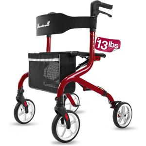 PLANET WALK Super Lightweight Rollator Walker for Seniors, Foldable Rolling Walker with Seat and 8" Rubber Wheels for All Terrain, Unique Design Aluminium Frame Sturdy Walkers for Traveling - Red