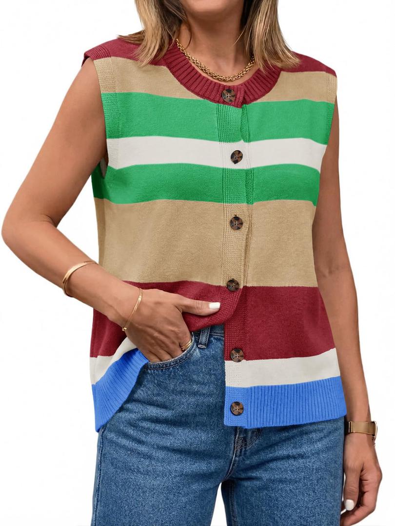 Tankaneo Womens Color Block Striped Sweater Vest Tops Summer Casual Button Up Knit Sleeveless Cardigan Tank Tops Khaki (L)