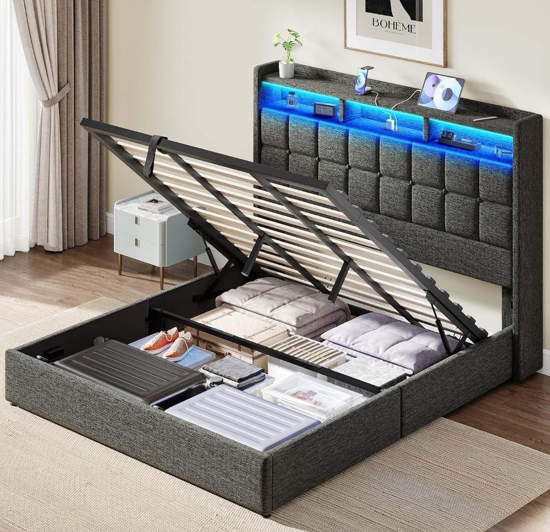 Lift Up King Size Bed Frame with Storage, Upholstered King Bed Frame with Charging Station and LED Lights Headboard, No Box Spring Needed, Easy Assembly - Dark Grey