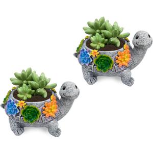 2pcs Small Turtle Planter Window Decor - Resin Succulent Plant Pot with Drainage Hole, Cute Planters for Indoor Plants, Unique Flower Pot Office/Home/Desktop Decoration, Ideal Gifts for Women