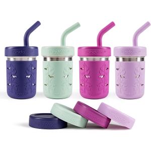 Pandaloo Smoothie Cups for Kids - Stainless Steel Toddler Tumbler with Straw, Sippy Cup for Smoothies - BPA-Free, Toddler Snack Cups, 10 oz, Pack of 4