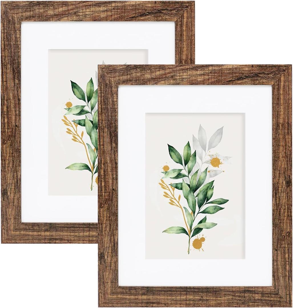 Hongkee 8x10 Picture Frame Set of 2, Made of Real Glass and Rustic Brown Wooden Frame - Display Picture 5x7 with Mat or 8x10 Without Mat, 8 by 10 Photo for Wall or Tabletop