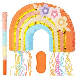 WERNNSAI Rainbow Piata - Rainbow Pull String Piata with Bundle with Blindfold and Bat for Girls Kids Boho Theme Birthday Party Decoration Game for Baby Shower Carnival Summer Party Supplies