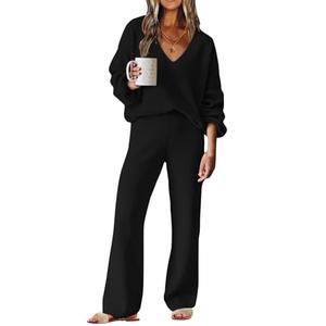 ETCYY NEW Womens 2 Piece Outfits Sweater Lounge Set Casual V Neck Knit Pajama Set Long Sleeve Top Wide Leg Pants Loungewear, Black, XL