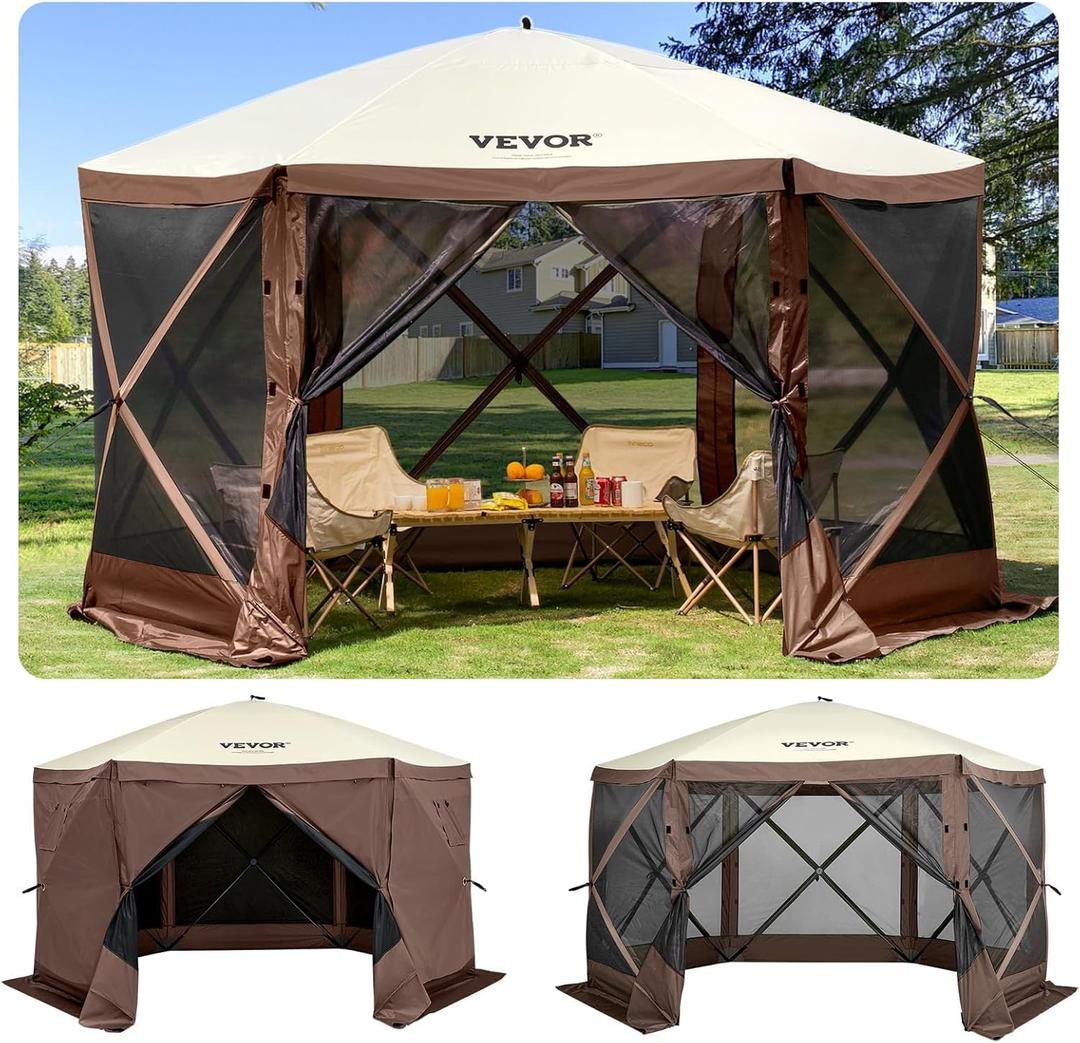 VEVOR 12 * 12ft 6 Sided Pop-up Canopy Shelter Tent with Mesh Windows, Portable Carry Bag, Stakes, Large Shade Tents for Outdoor Camping, Lawn and Backyard, Brown/Beige