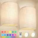 Battery Operated Wall Sconces Set of Two, 18 RGB Colors Stick on Wall Lights with Remote, Changeable Dimmable Height Fabric Battery Powered Wall Lights for Bedroom Living Room Hallway