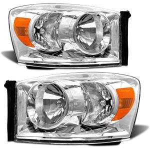 Headlight Assembly Pair for 2006-2008 Dodge Ram 1500 2006-2009 Dodge Ram 2500 3500 Clear Lens Chrome Housing Amber Reflector Left Right W/O Bulbs