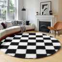 KICMOR Round Rugs 5ft for Bedroom Living Room, Black and White Fluffy Soft Circle Area Rug Fuzzy Shag Shaggy Plush Carpet, Indoor Checkered Circular Rug for Kids Room Nursery Home Decor Aesthetic