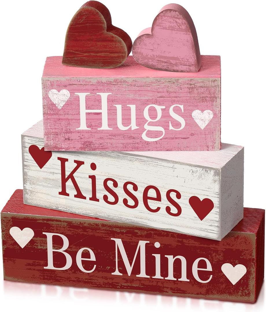 4 Pcs Valentine's Day Table Decorations Wooden Heart Valentine Tiered Tray Decor Valentine Day Centerpiece Rustic Decorative Heart Block Signs Gift Farmhouse Valentines Decor for Home Kitchen