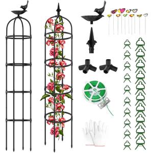 2 Pack Garden Obelisk Trellis for Climbing Plants Outdoor 6.6ft - 78", Rustproof PE Coated Metal Plant Cages & Supports, Heavy Duty Round Garden Trellis for Indoor Flowers, Pots, Vines (Black 01 Obelisk Trellis B [Finial & Bird Drinking])