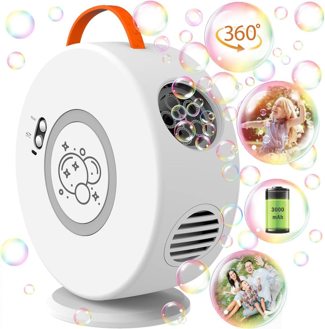 Bubble Machine Automatic Bubble Blower for Kids Toddlers Rechargeable Battery Portable Bubble Maker Electric Bubble Machine Auto Rotating 90/360 Outdoor Toy (White)