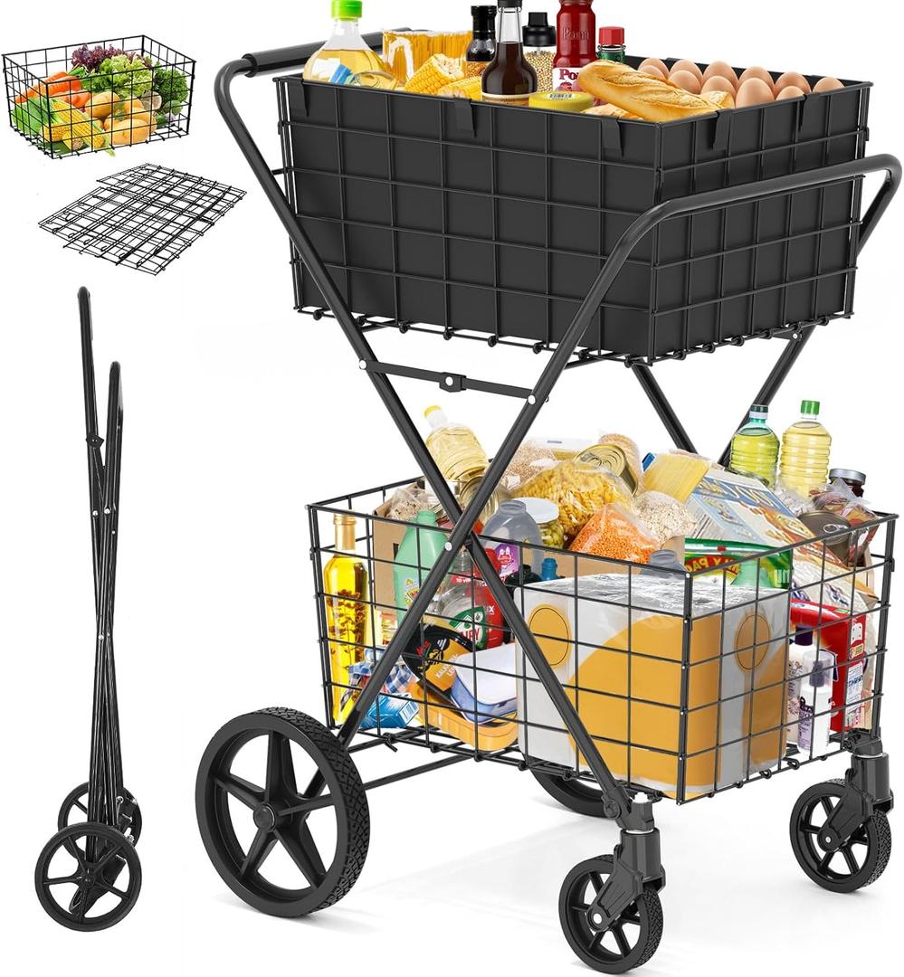 2-Tier Collapsible Shopping Cart for Groceries, 400Lbs Heavy Duty Grocery Cart with 2 Removable Storage Baskets, 360 Rolling Swivel Wheels, Waterproof Liner, Large Utility Carts for Transport Gift