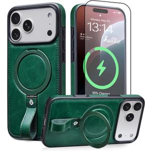 for iPhone 17 Pro Max Leather Case with Stand, Anti-Slip Grip Ring, Fits for MagSafe (Green, IP17 Pro Max-6.9inch)