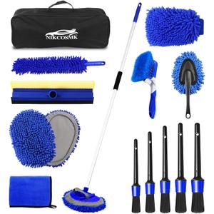 62'' Car Wash Brush Kit Mitt Mop Sponge with Long Handle, 1 Chenille Scratch-Free Replacement Head, Windshield Window Squeegee,Car Duster,Car Detailing Brushes,Tower,Car Cleaning Kit for Cars RV Truck