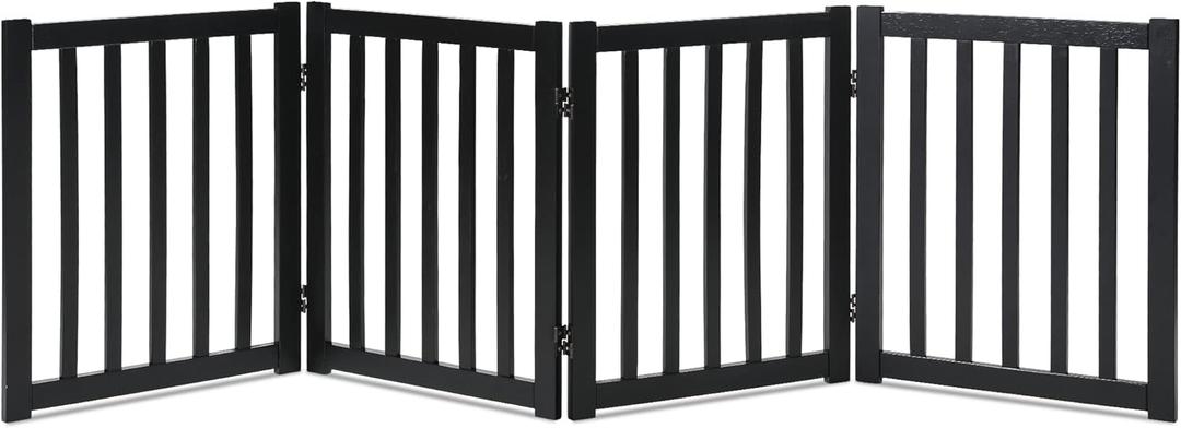 LZRS 4-Panel Wooden Free Standing Foldable Dog Gate Indoor  24" High, Extra Wide Step-Over Safety Pet Gate for Doorways, Stairs, Hallways, Large Spaces & Playpen for Puppies Indoor Use, Black