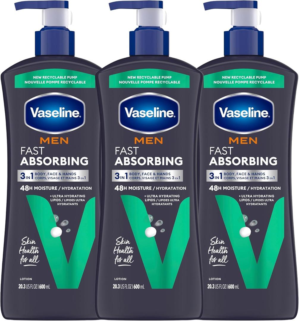 Vaseline Men 3in1 Body, Face & Hands Fast Absorbing Body Lotion for dry skin with 48H Moisture + Ultra Hydrating Lipids 600 ml
