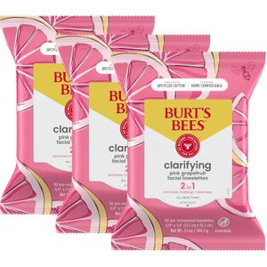 Burt's Bees Pink Grapefruit Face Wipes, for All Skin Types, Hydrating Makeup Remover & Facial Cleansing Towelettes, 30 Ct. (3-Pack) (90 Count (Pack of 1))