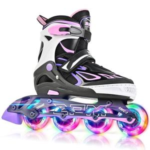 2PM SPORTS Vinal Inline Skates for Girls Boys Kids with Adjustable Illuminating Wheels, Inline Roller Skates for Youth Women Men - Purple Pink (Medium 30-33)