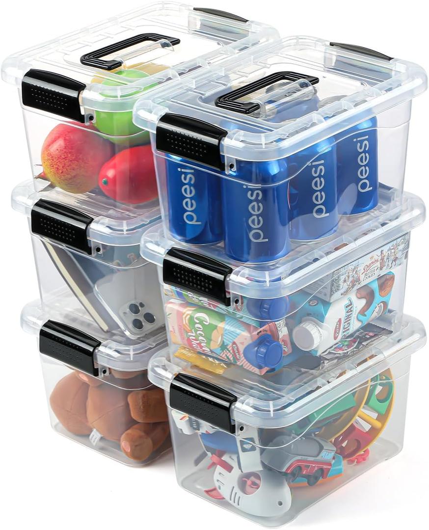 EOENVIVS Plastic Storage Bins with Lids 6 Packs, 7 Quart Storage Organizer Bins with Buckle-Up Latches and Handle, Stackable Storage Containers for Home Pantry Office Classroom Organization, Clear (Black)