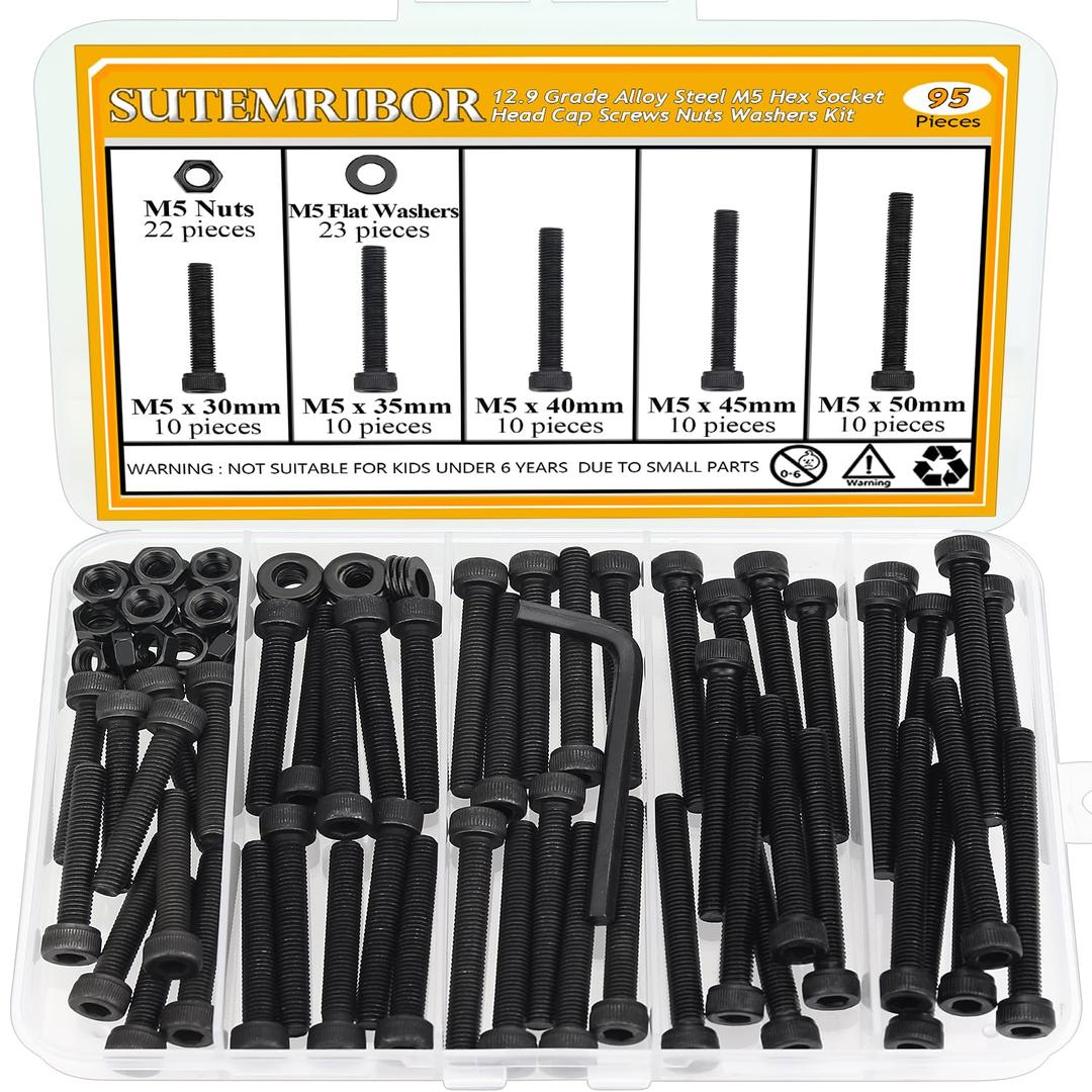 M5 Black Screws, Nuts & Washers Set - 95 Pieces, 12.9 Grade Alloy Steel, Fully Threaded, 30/35/40/45/50mm Hex Socket Head Cap Screws