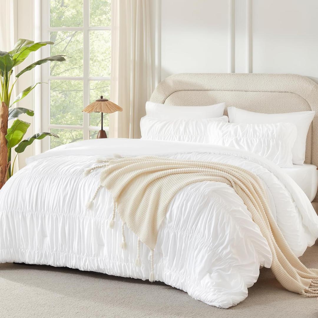 Andency Ruched White Queen Comforter Set, Shabby Chic Pleated Bedding Sets 3 Pieces, Lightweight Soft Boho Ruffle Bed Set for Girls, Kids, Women, All Season (Queen (90"x90"))