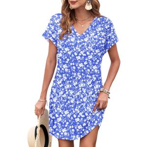 MISFAY Women Summer T Shirt Dresses 2025 Casual Short Sleeve Sundress V Neck Loose Tank Short Dress Vacation Outfits (Blue, XL)