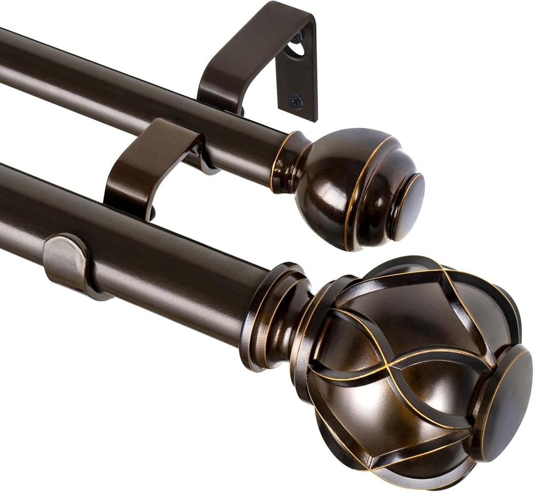 KAMANINA 1 Inch Double Curtain Rods 66 to 120 Inches (5.5-10 Feet) Telescoping Heavy Duty Drapery Rod for Windows 54 to 115, Netted Texture Finials, Antique Bronze