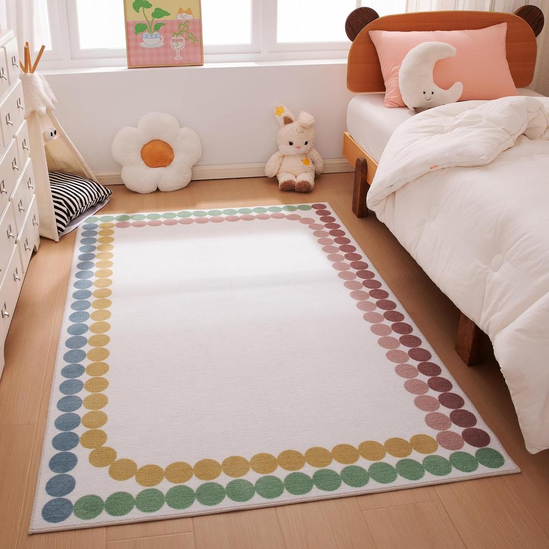 Amazon Basics Kids Printed Area Rug, Soft, Non-Slip, Machine Washable, 4' W 6' L, Colorful Dots