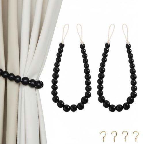 Hion 2 Pcs Boho Curtain Tiebacks,Wood Beads Curtain Holdbacks,Outdoor Farmhouse Tie Backs for Curtains,Curtain Holders for Drapes Home Office Room Decor with Hooks(Black)