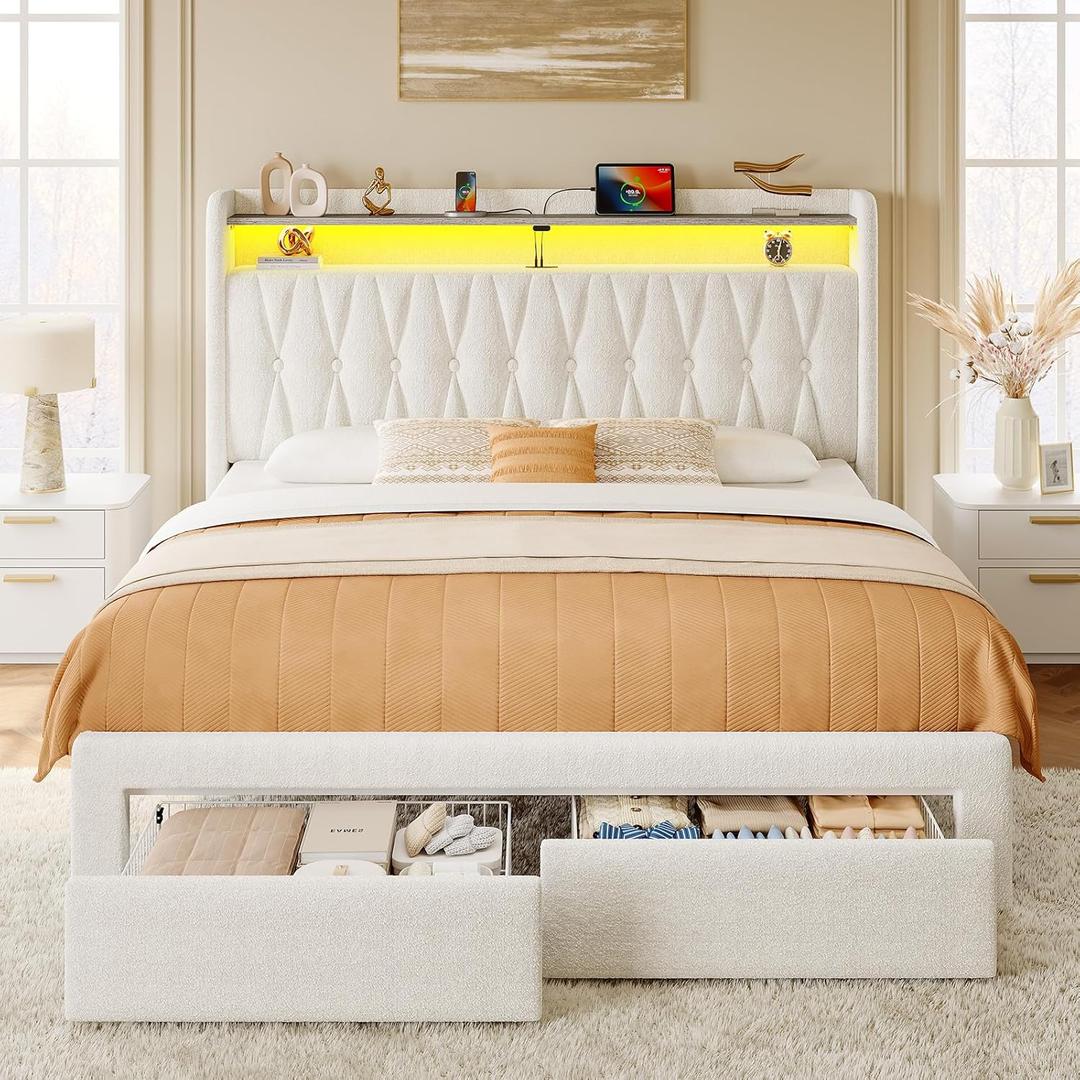 Rolanstar Queen Bed Frame with Drawers, Storage Headboard with Charging Station and LED Lights, Upholstered Bed with Heavy Duty Wood Slats, No Box Spring Needed, Noise Free, Easy Assembly, Beige