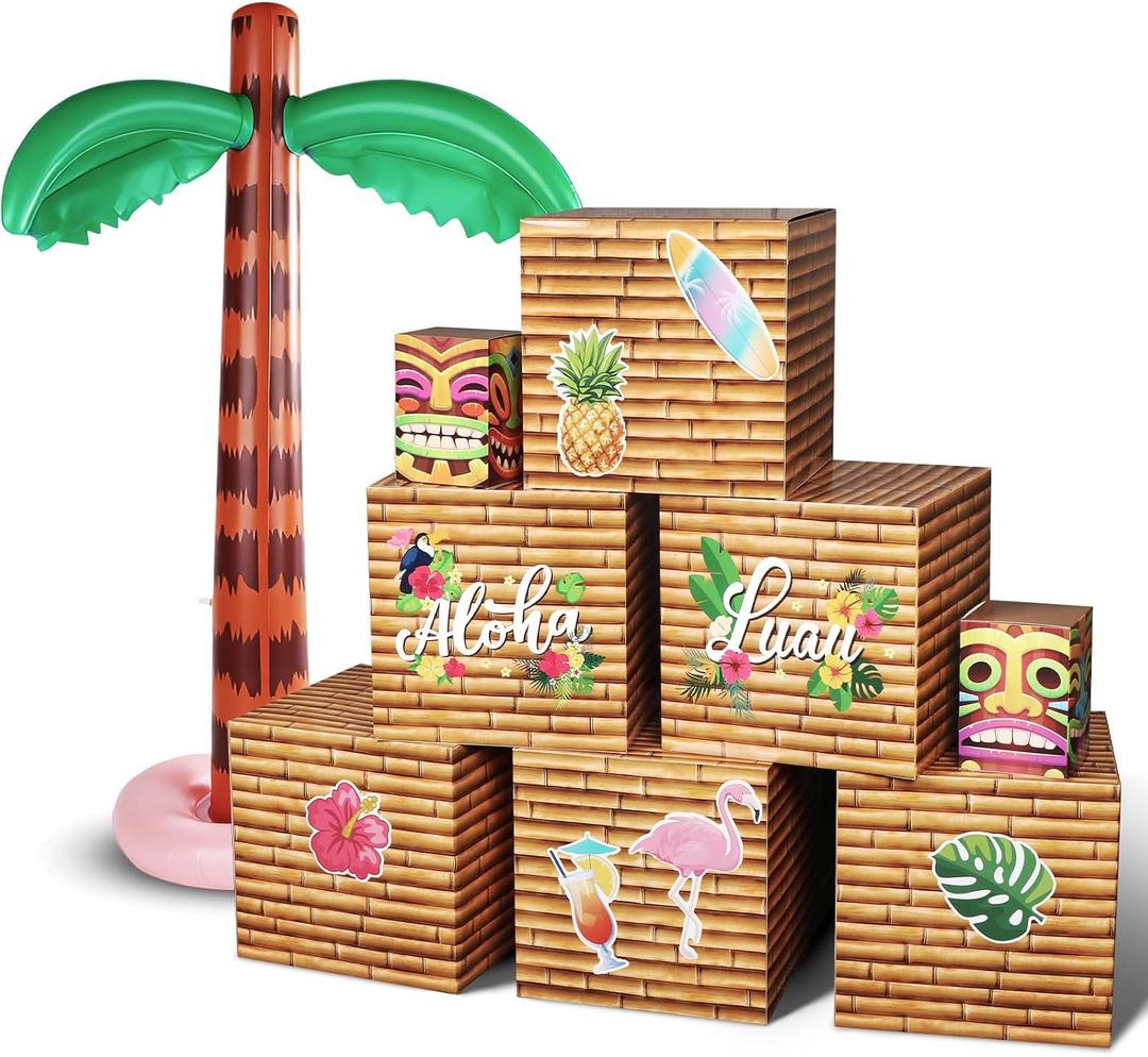 15 Pcs Inflatable Palm Tree Paper Box Decoration Blow up Palm Tree Tiki Totem Boxes Set Hawaiian Tropical Party Ornaments Summer Luau Aloha Party Supplies for Pool Beach Ocean Jungle Parties Decor