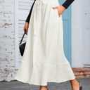 MAKABO Women's Maxi Pleated Skirt with Pockets, High Waisted A Line Long Skirts Button Down Business Casual Outfits (White, M)