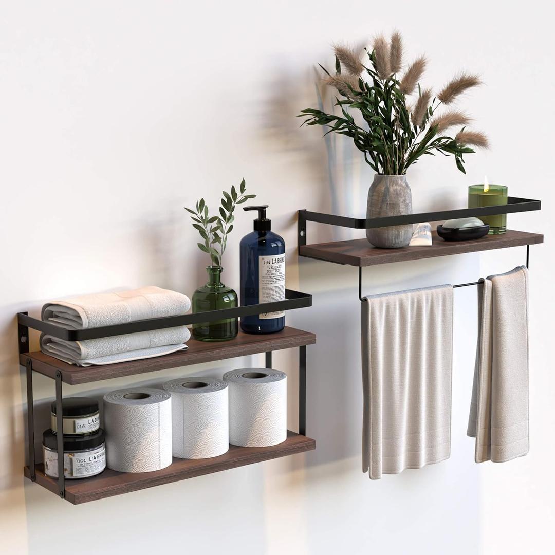 RICHER HOUSE 2+1 Tier Wall Mounted Floating Shelves Set of 2, Rustic Wood Shelf with Metal Frame, Extra Storage Rack for Bathroom, Kitchen, Bedroom with Tissue Rack & Towel Bar - Rustic Brown