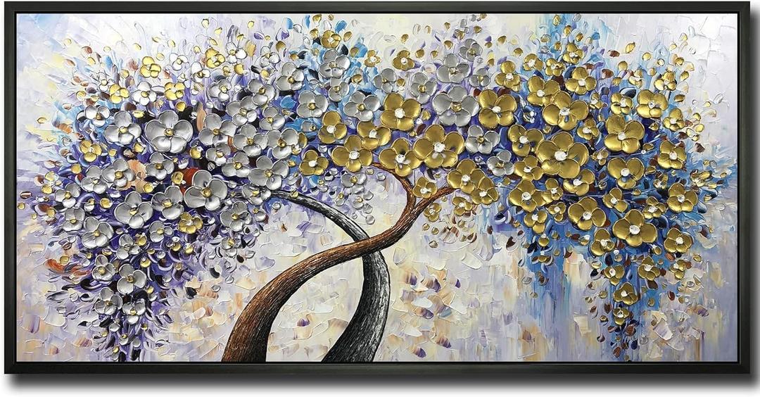 V-inspire Art,24x48 Inch Modern 3D Hand Painted Lucky Tree Frame Oil Paintings Acrylic Painted Wood Frame Abstract Canvas Wall Art Decor for Living Room Bedroom Dining Room Home Walls
