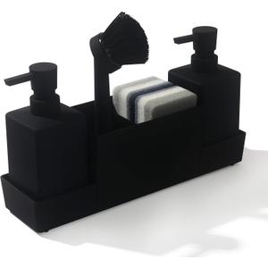 Kitchen Soap Dispenser with Sponge Holder Set for Sink Caddy, Hand Soap and Dish Soap Dispenser with Brush (Black)