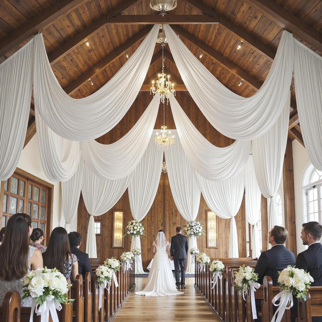 8 Panels 5ftx30ft White Ceiling Drapes for Wedding Parties, 60"W x 360"L