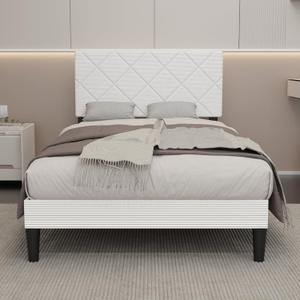 Twin Size Bed Frame with Adjustable Headboard, Chenille Fabric Upholstered Platform Bed, Twin Bed Frames with Strong Metal Slat Support,Mattress Foundation, No Box Spring Needed,Easy Assembly Beige
