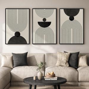 Large Framed Boho Abstract Wall Art for Living Room, 3 Piece Black and White Modern Minimalist Canvas Artwork for Walls, Bauhaus Geometric Prints Wall Decor for Bedroom Home Office Hallway, 24x36 Inch, 24" W x 36" H x 3Pcs
