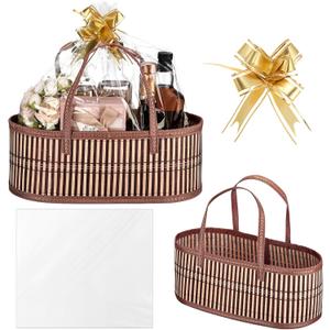 1 Set Woven Baskets for Gifts Empty Large Bamboo Gift Baskets with Handle Cellophane Wrap Bag and Pull Flower Ribbon Sturdy Foldable Gift Packages for Birthday Wedding Favor Wrapping
