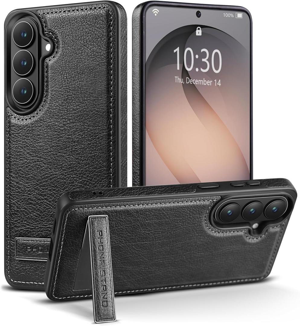 Designed for Samsung Galaxy S26 Plus Leather Case with Stand, Protection Slim Adjustable Kickstand Phone Cover Compatible with Samsung Galaxy S26 Plus (Black)