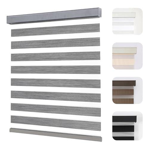 Joydeco Cordless Zebra Blinds for Windows, Dual Layer Light Control Window Blinds with Light-Proof Aluminum Cover, Free-Stop Roller Shades for Home & Office (Grey,59" W x 75" H)