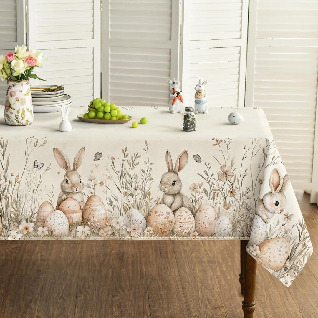 Horaldaily Easter Tablecloth 6084 Inch Rectangular, Beige Easter Bunny Egg Washable Seasonal Table Cover for Party Picnic Dinner Decor