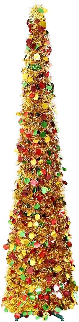 5ft Gold Pre Lit Collapsible Pop Up Christmas Tree,Glittery Golden Tinsel Artificial Pencil Xmas Trees with Red & Green Sequins and Colorful LED Lights for Indoor and Outdoor Decoration