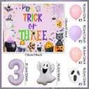 Trick or Three Party Decor Trick Or Three Banner Halloween Ghost Balloons for Pink Halloween Girl Third Birthday Party Decorations (Purple)