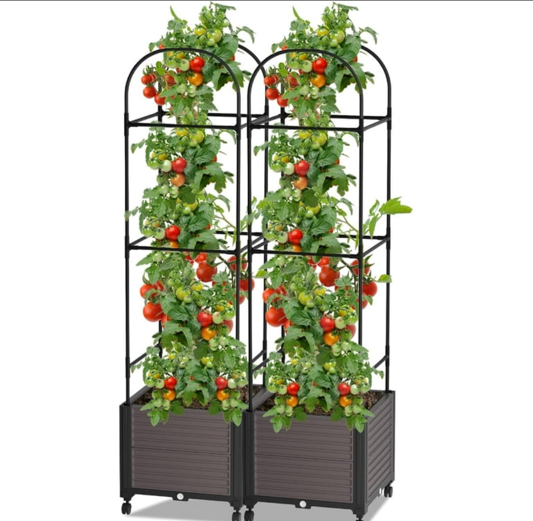 Raised Garden Bed Planter Boxes with Trellis, Gardening System-Self Watering Planter with Wheels, Plants Outdoor and Indoor Tomato Cage for Climbing Vegetables Plants & Herbs & Flowers