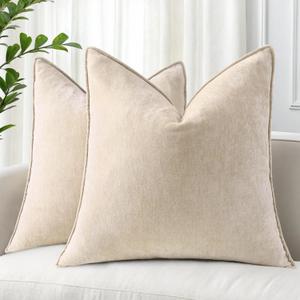 decorUhome Couch Throw Pillow Covers 16x16 Set of 2, Decorative Soft Neutral Chenille Pillow Covers with Elegant Design for Sofa Bed Living Room Home Decor, Beige